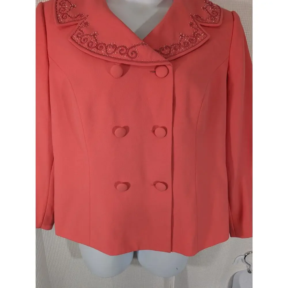 LESLIE FAY! STUNNING RIPE PEACH DOUBLE BREASTED, BEAD/EMBROIDERY JACKET! 18WP - Picture 4 of 12